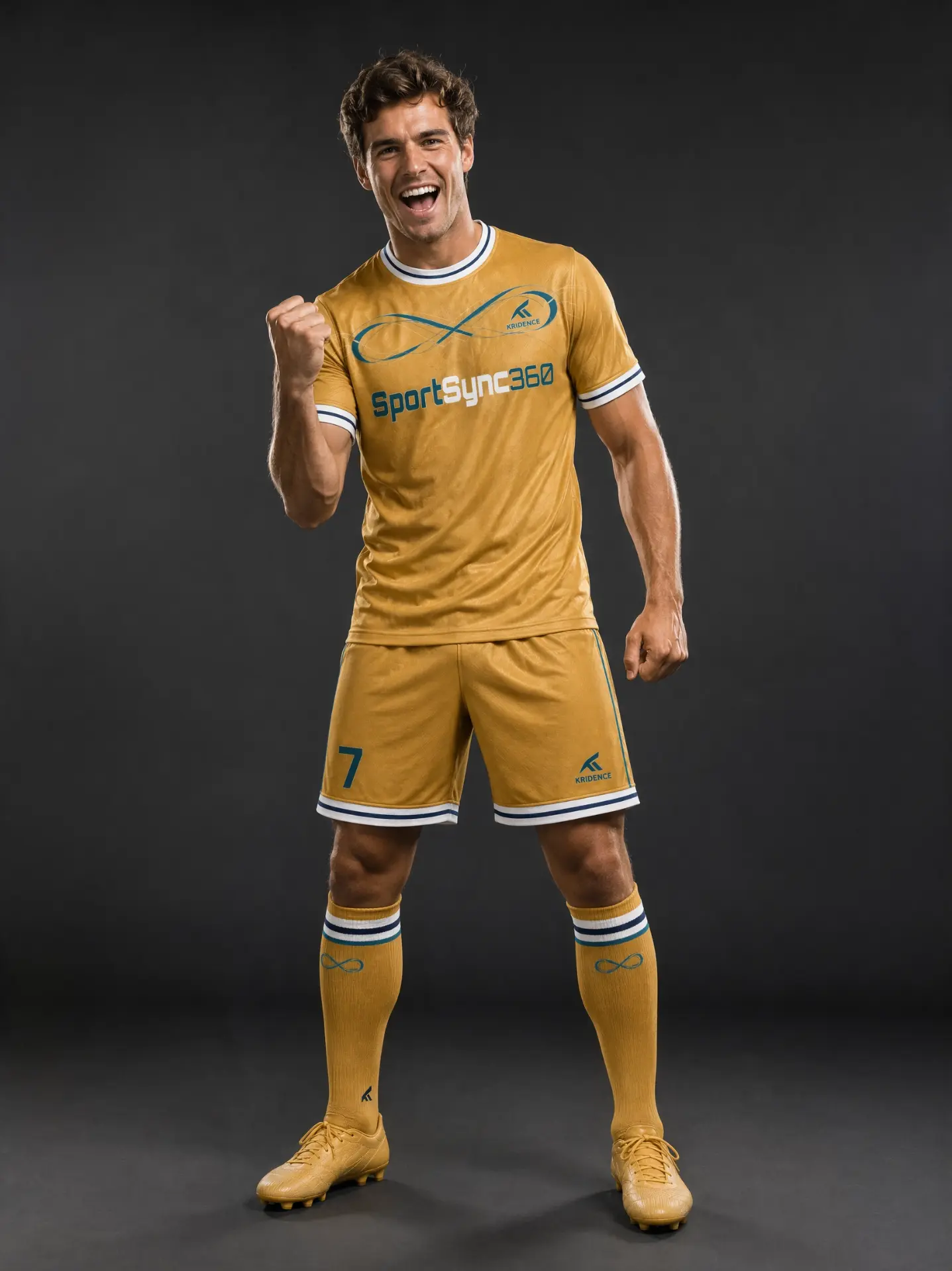 Adult footballer celebrating in the gold Kridence SportSync360 kit