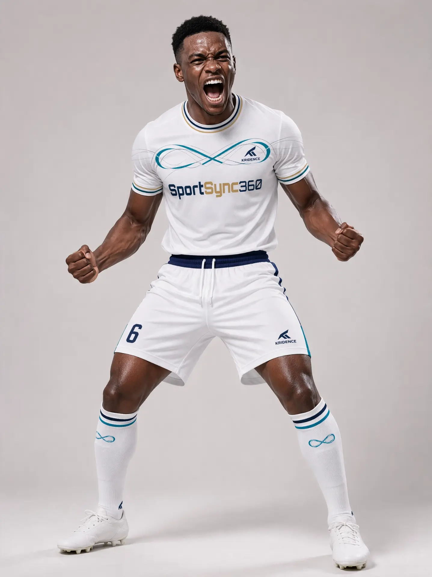 Adult footballer in the white Kridence SportSync360 match kit