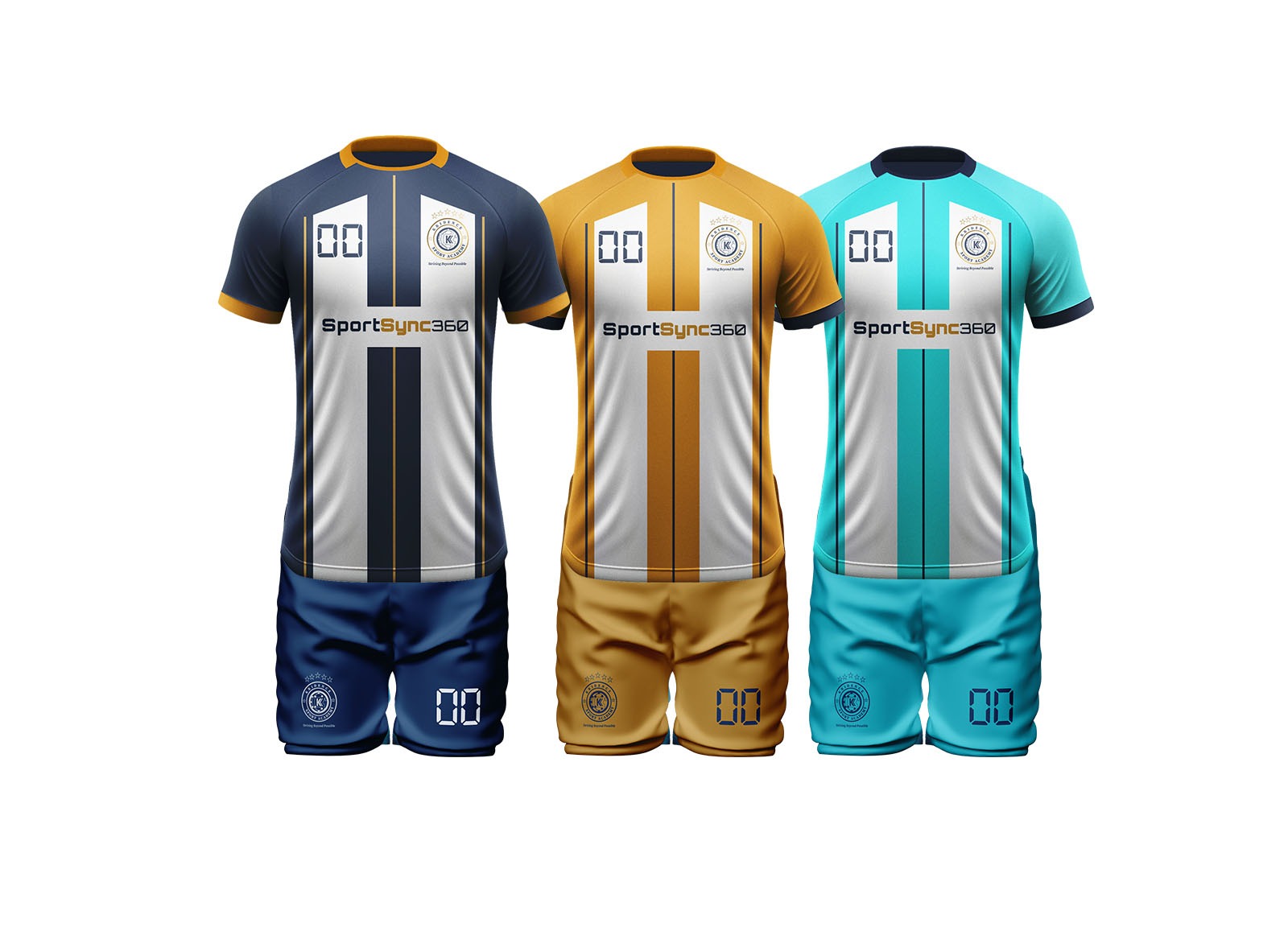 Kridence Global Sport outfield match kits in navy, gold and teal