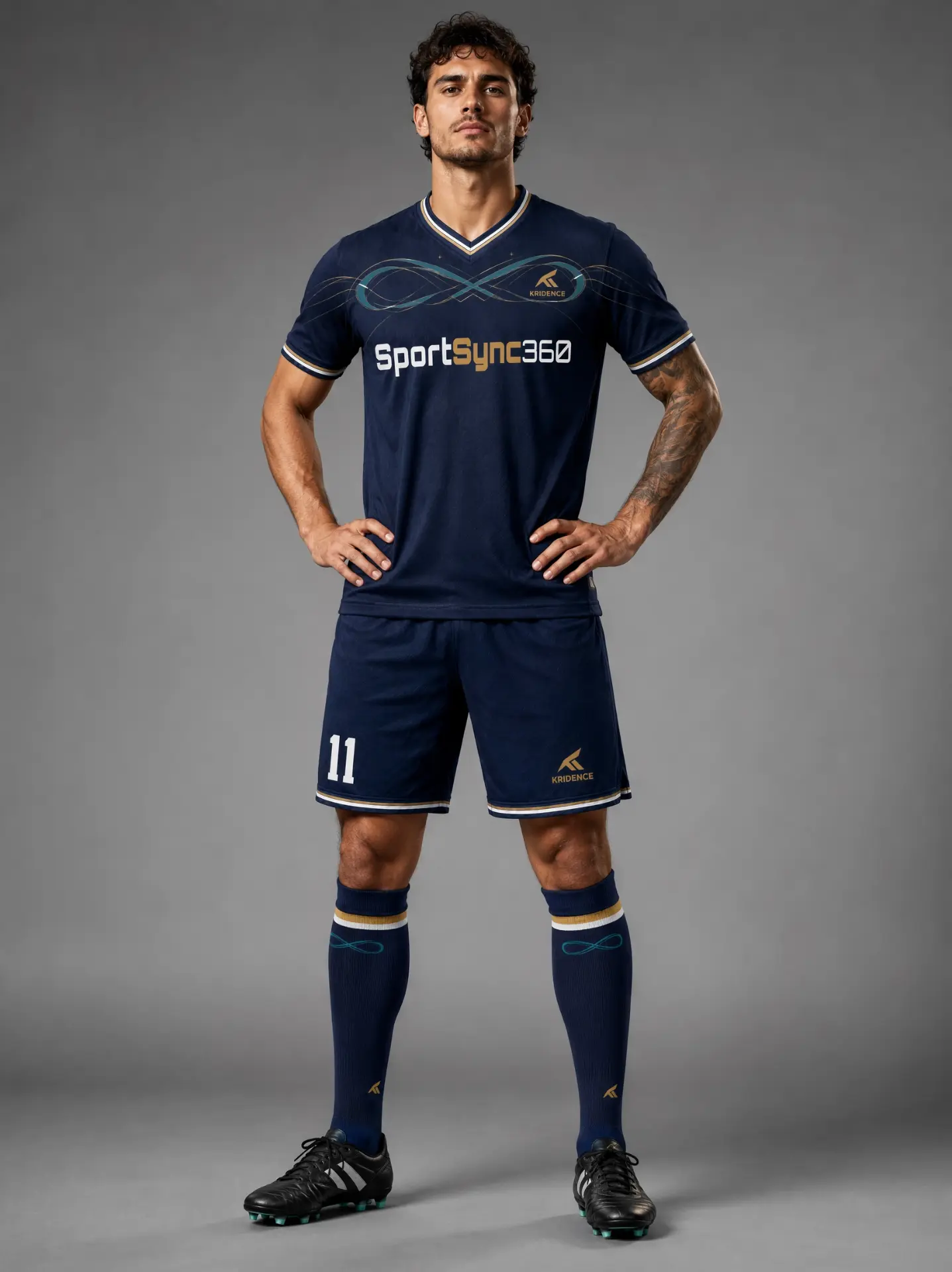 Adult footballer wearing the navy Kridence SportSync360 kit