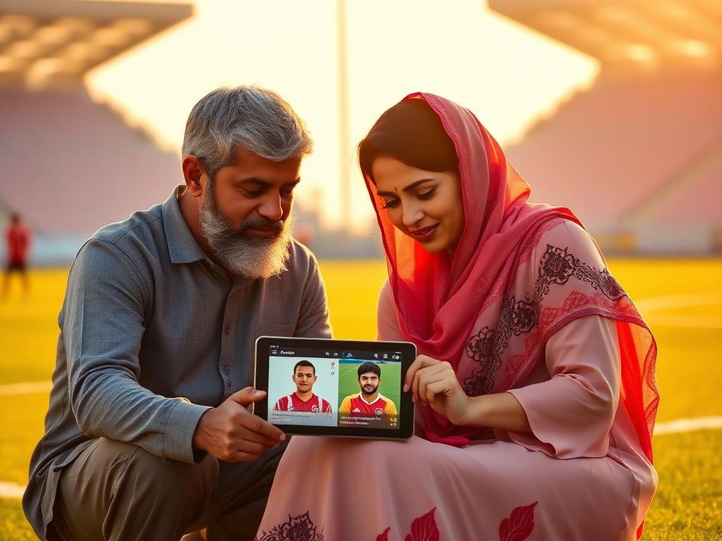 Parents reviewing their player's development profile on a tablet