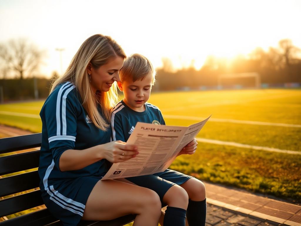 Parent and young player reading a player development report