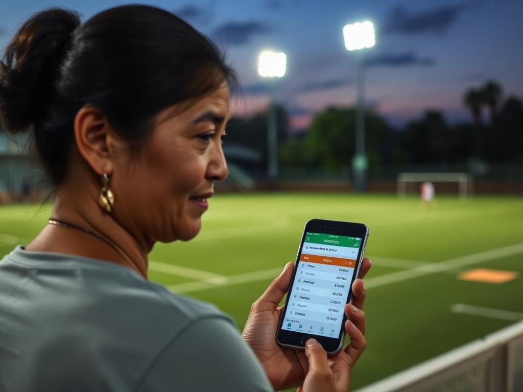 Parent checking the player schedule on a phone beside a floodlit pitch